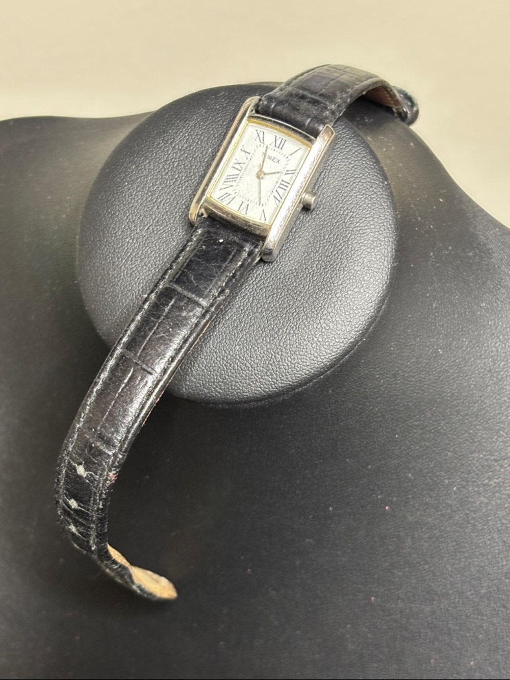 Vintage Timex Silver Case Watch with Black Leather Strap WORKING